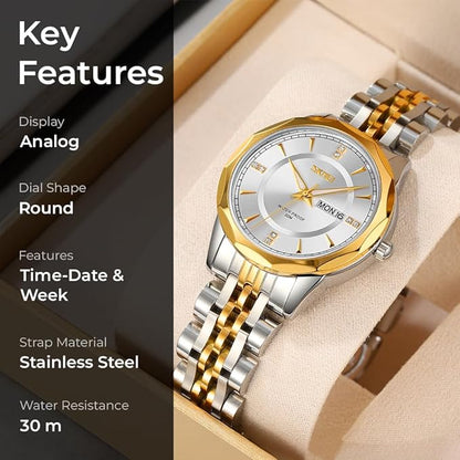 Minimalist Stainless Steel Watch with Date Week Display Simple dial Push-Button Clasp