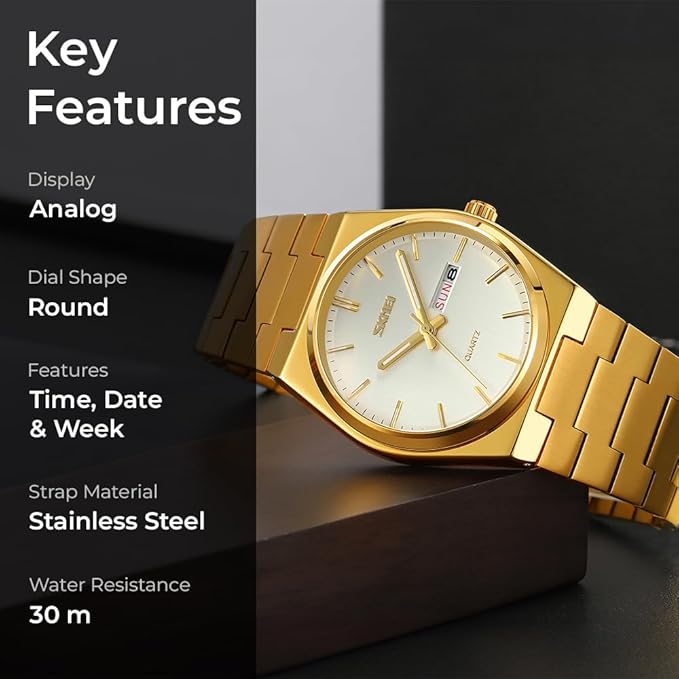 Men's Analog Quartz Stainless Steel Watch All-in-one Fashion, Water Resistant, Supply Calendar Week