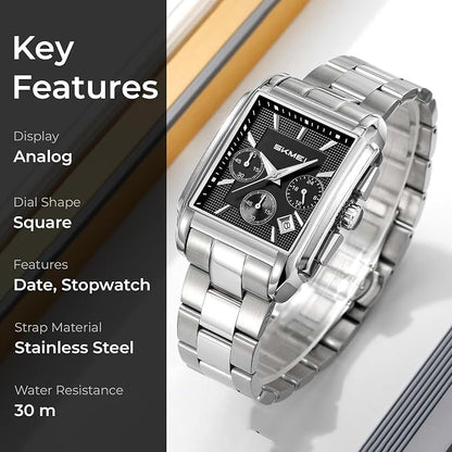 Classic Rectangular Analog Wrist Watch with Date Display and Metal Strap for men
