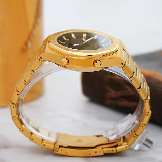Analog-Digital Watch for Men with Gold Metal Strap and Round Dial for Casual & Formal Wear