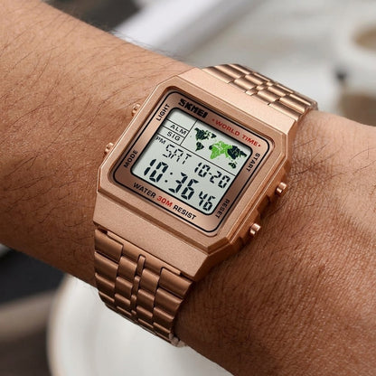 Vintage Digital Wrist Watch with Metal Strap and World Time Display For Men