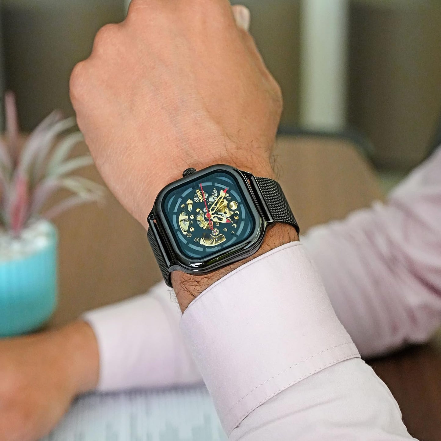 Skeleton Automatic Mechanical Watch for Men with Square Dial and Mesh Strap