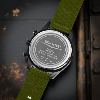 Classic Chronograph Style Analog Watch with Fabric Strap