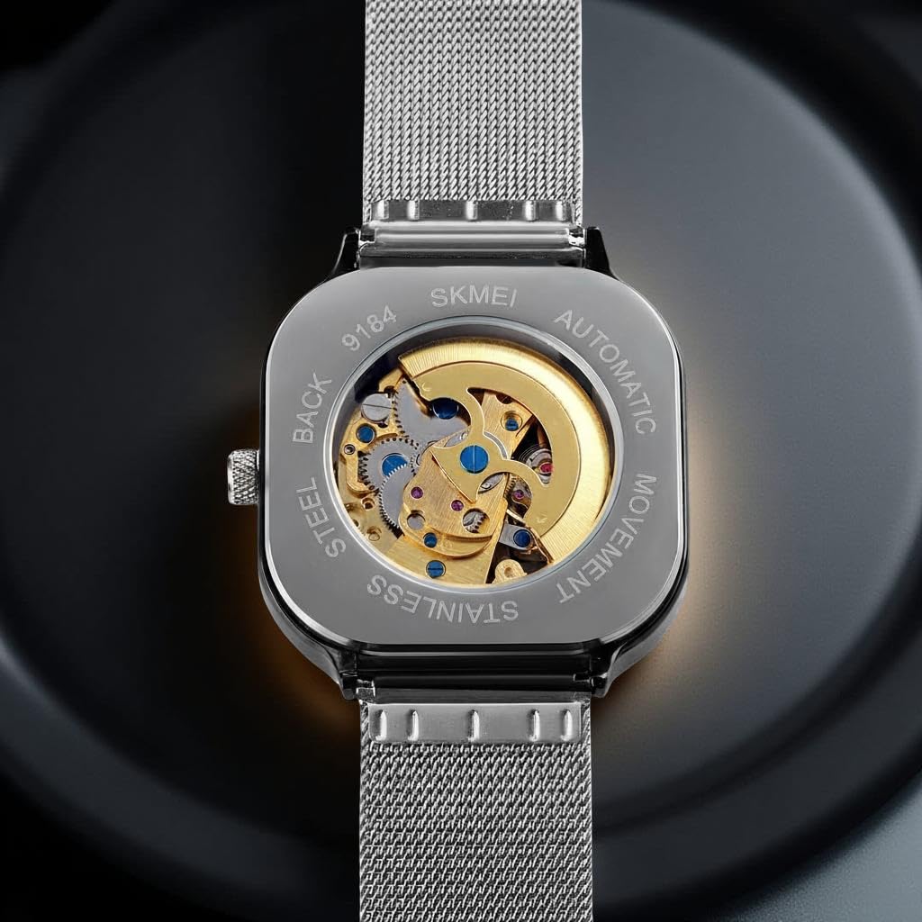 Skeleton Automatic Mechanical Watch for Men with Square Dial and Mesh Strap