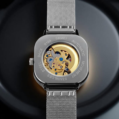 Skeleton Automatic Mechanical Watch for Men with Square Dial and Mesh Strap