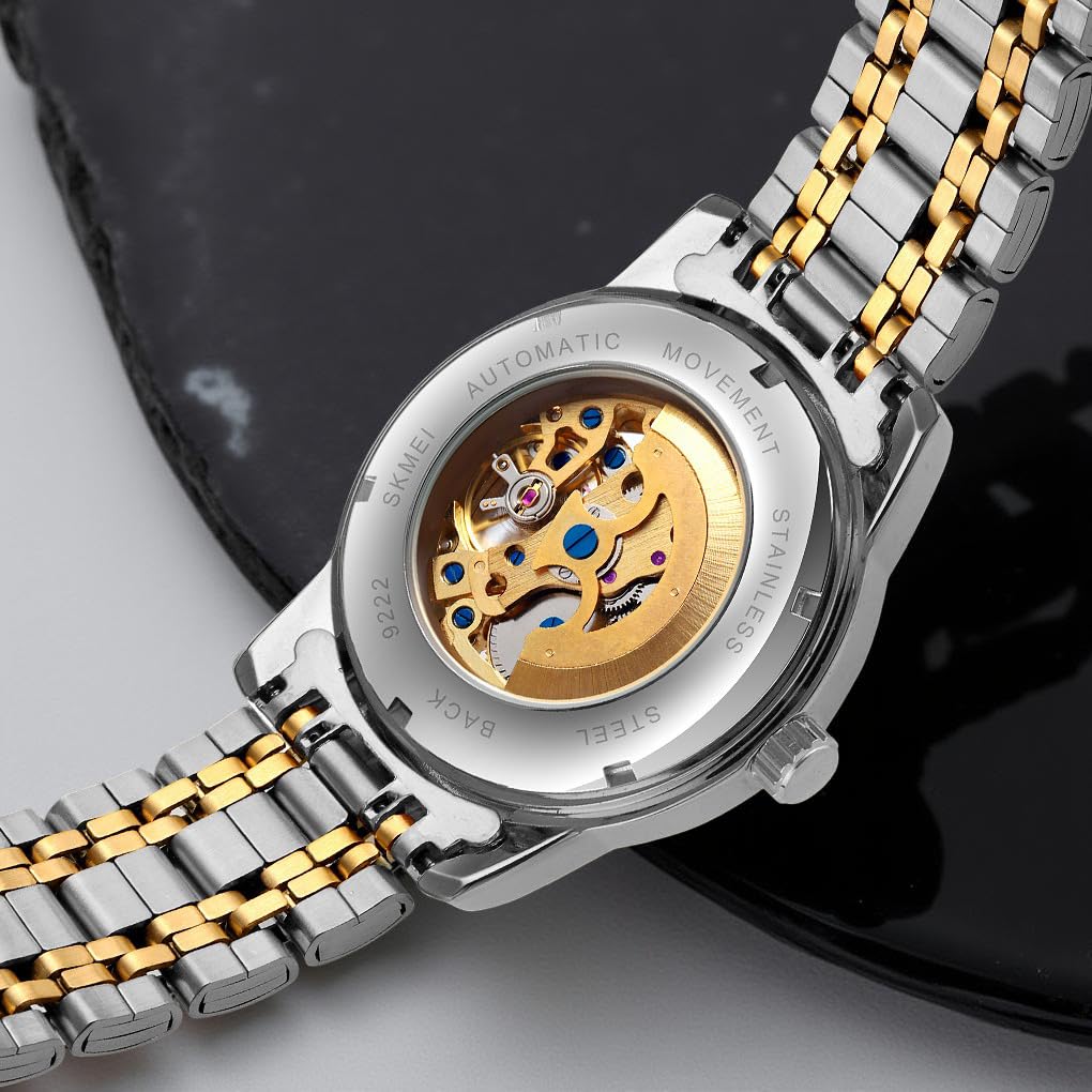 Luxury Skeleton Automatic Watch for Men Black Stainless Steel Strap, Blue Dial with Roman Numerals, Transparent Mechanical Design