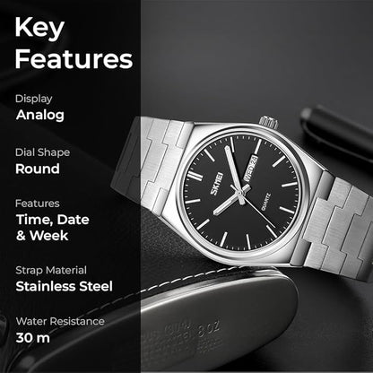 Men's Analog Quartz Stainless Steel Watch All-in-one Fashion, Water Resistant, Supply Calendar Week