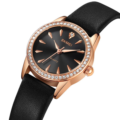 Elegant Crystal Dial Analog Wrist Watch with Leather Strap for women