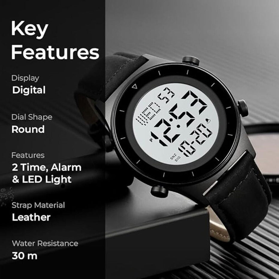 Digital Watch for Men with Black Leather Strap and Round Dial for Casual & Formal Wear