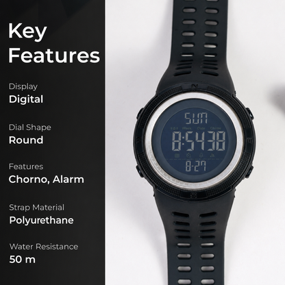 Stealth Outdoor Digital Sports Watch with Rugged Silicone Strap and Multifunction Display
