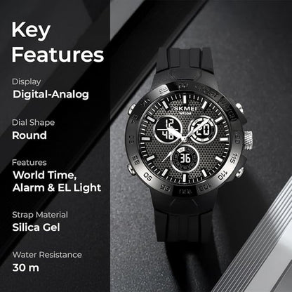 Men’s Black Sports Watch | Analog-Digital Display, Alarm, Stopwatch, Date Function, Water Resistant, Stylish Design