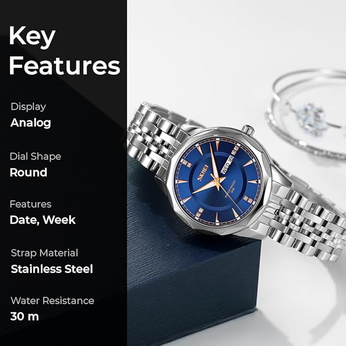 Minimalist Stainless Steel Watch with Date Week Display Simple dial Push-Button Clasp