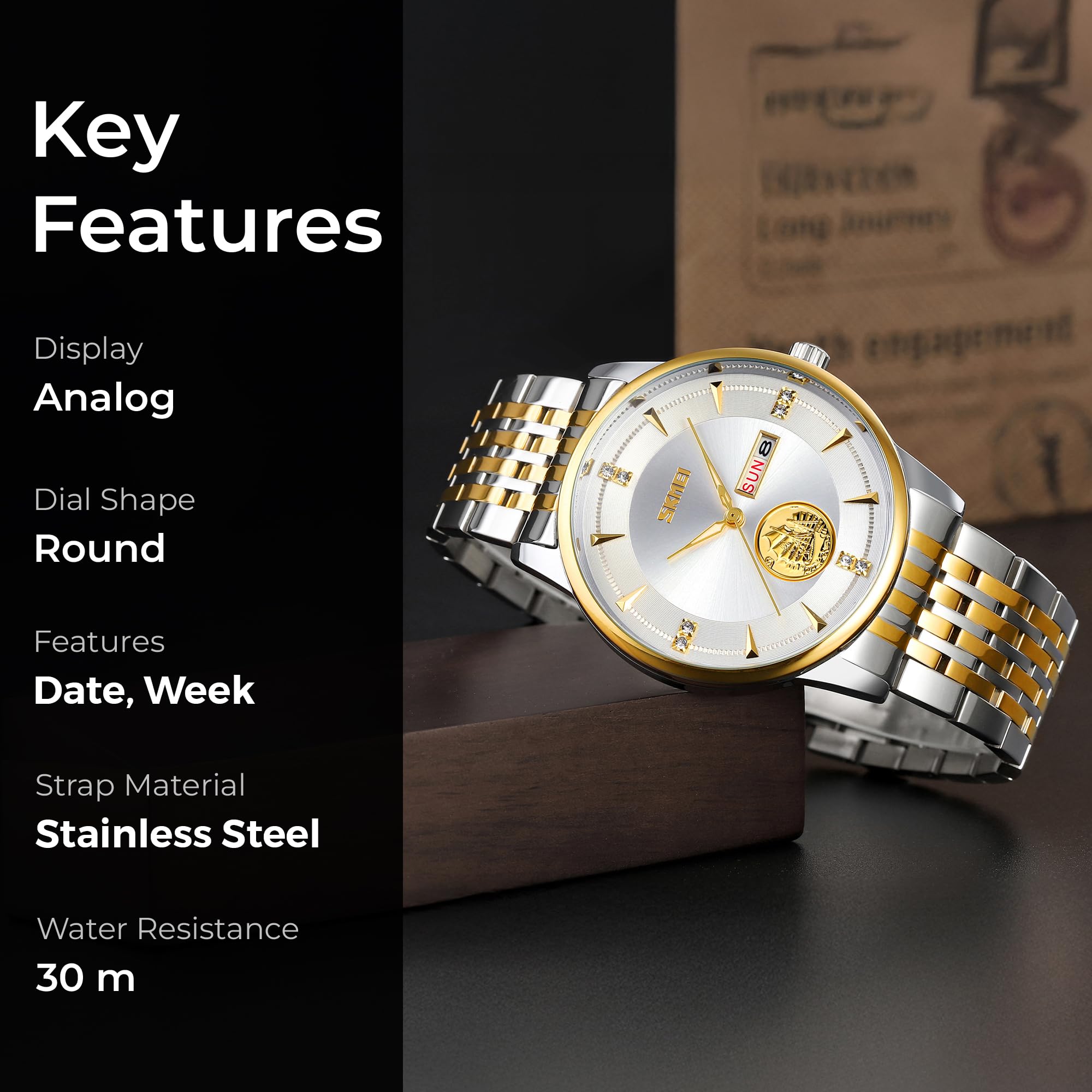 Analog Watch for Men with Silver-gold Stainless Steel Strap and Round Dial for Casual & Formal Wear