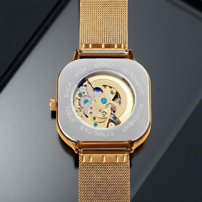 Skeleton Automatic Mechanical Watch for Men with Square Dial and Mesh Strap