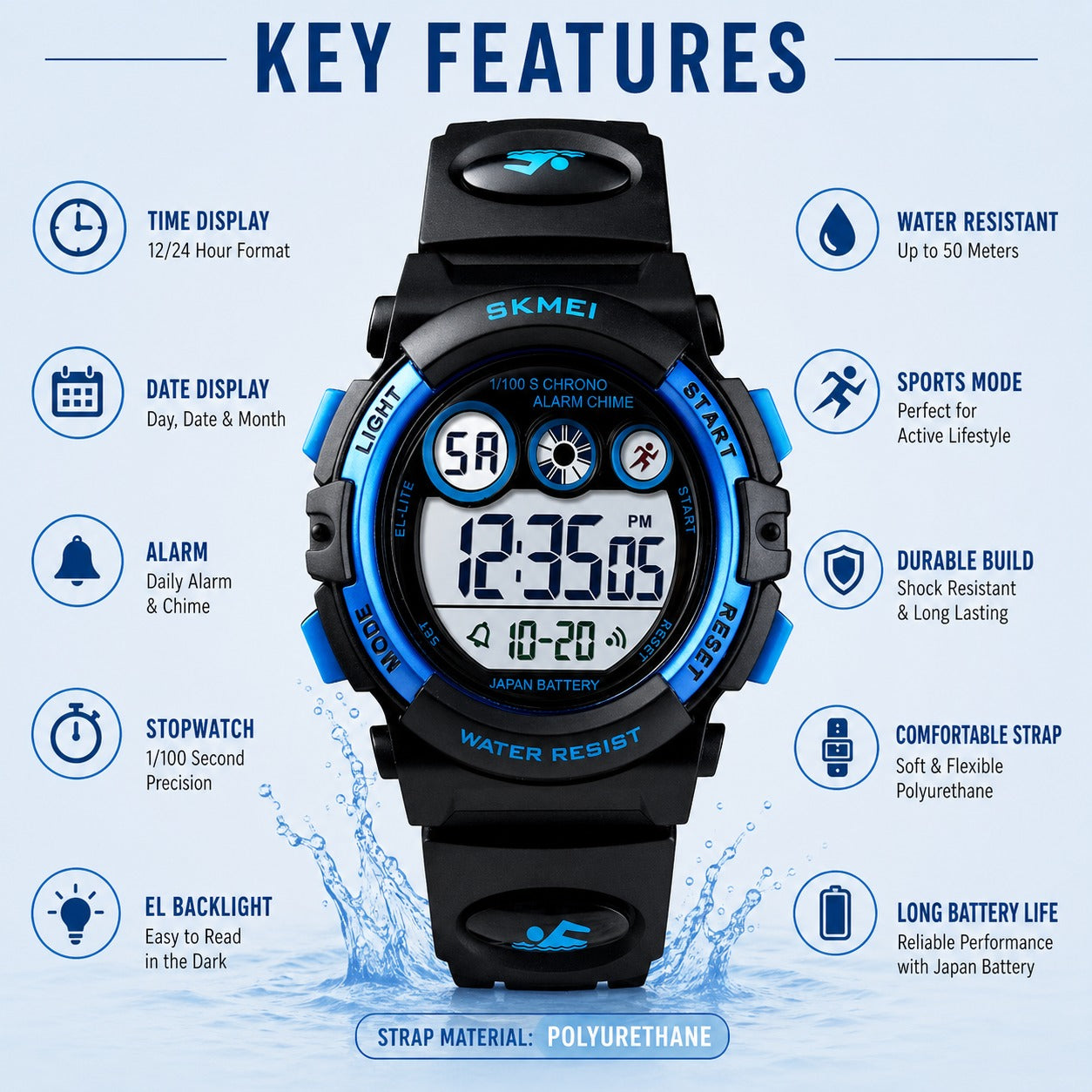 Kids Sports Multi Function Digital Watch, Multicolor Dial Sky ABS Case Kid's Watch, PU Rubber Strap Band, Waterproof LED Light Children Wristwatch