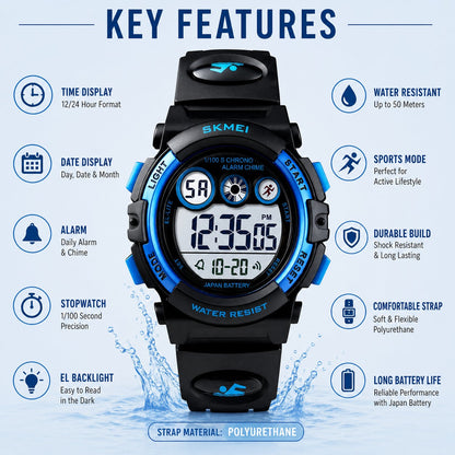 Kids Sports Multi Function Digital Watch, Multicolor Dial Sky ABS Case Kid's Watch, PU Rubber Strap Band, Waterproof LED Light Children Wristwatch