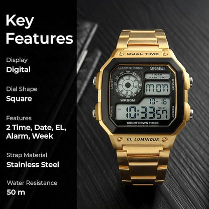 Premium Digital Watch for Men with Square Dial Dual Time Alarm Stopwatch and Metal Strap