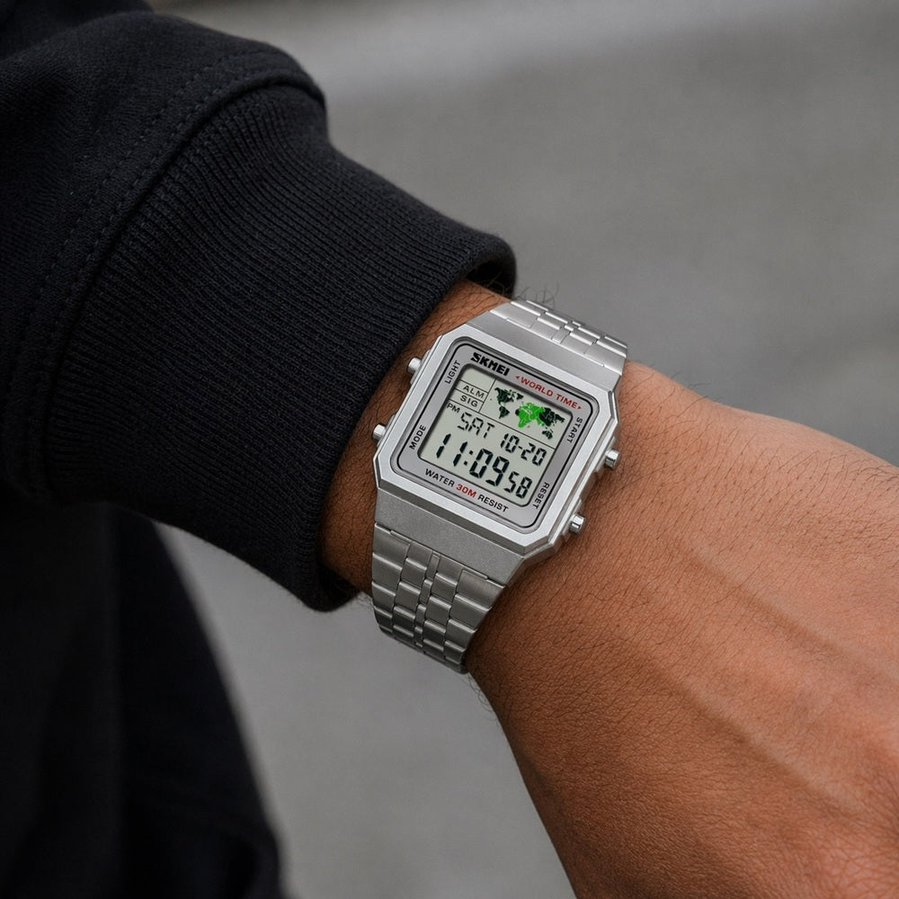 Vintage Digital Wrist Watch with Metal Strap and World Time Display For Men