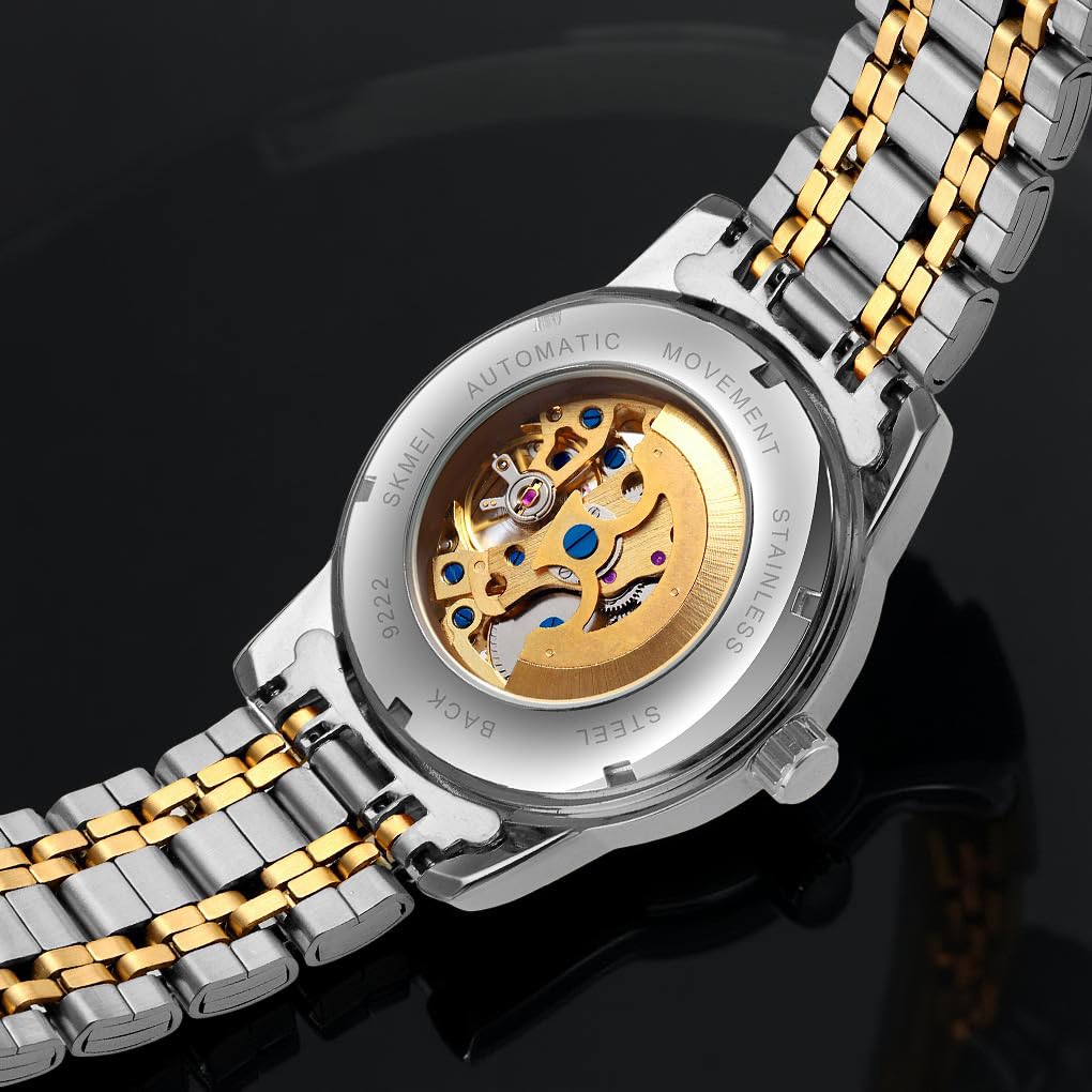 Luxury Skeleton Automatic Watch for Men Black Stainless Steel Strap, Blue Dial with Roman Numerals, Transparent Mechanical Design