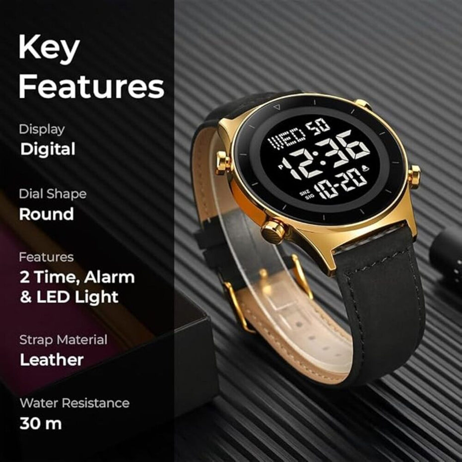 Digital Watch for Men with Black Leather Strap and Round Dial for Casual & Formal Wear