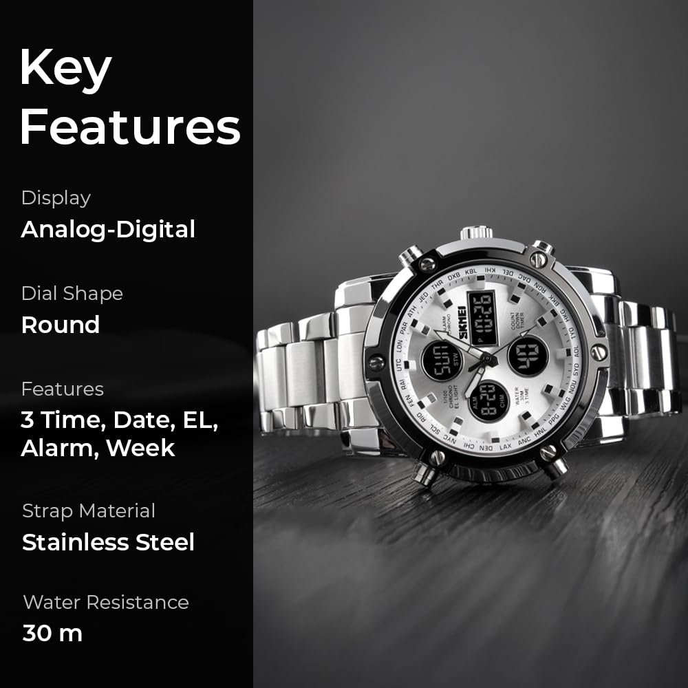 Luxury Analog Digital Stainless Steel Watch for Men with Dual Time Display and Premium Business Style