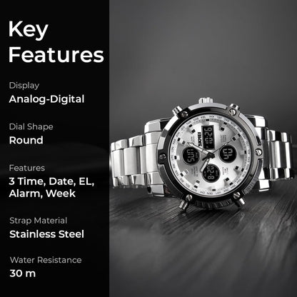 Luxury Analog Digital Stainless Steel Watch for Men with Dual Time Display and Premium Business Style
