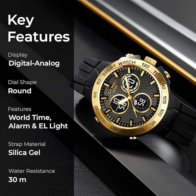 Men’s Black Sports Watch | Analog-Digital Display, Alarm, Stopwatch, Date Function, Water Resistant, Stylish Design