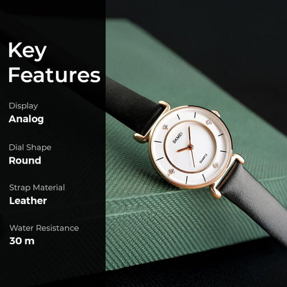 Elegant Analog Wrist Watch with Crystal Accents and Leather Strap For Women