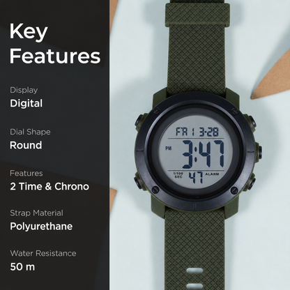 Digital Watch for Men with Round Dial, Dual Time Display, Alarm & Chronograph, Water Resistant Sports Watch with Durable Strap