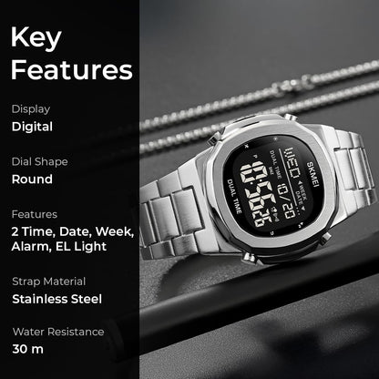 Premium Digital Sports Watch for Men with Stainless Steel Strap, Waterproof Style Wrist Watch for Casual Outdoor and Daily Wear