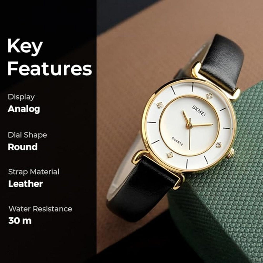Elegant Analog Wrist Watch with Crystal Accents and Leather Strap For Women