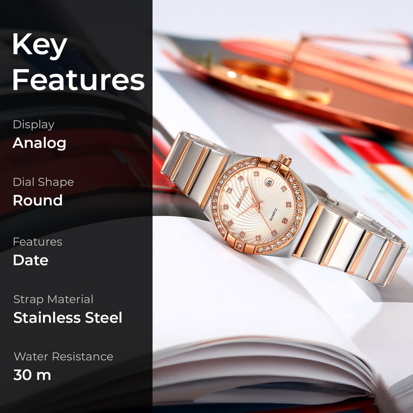 Skmei Analog Black Dial Zinc Alloy Case Stainless Steel Strap Watch for Women - 2342