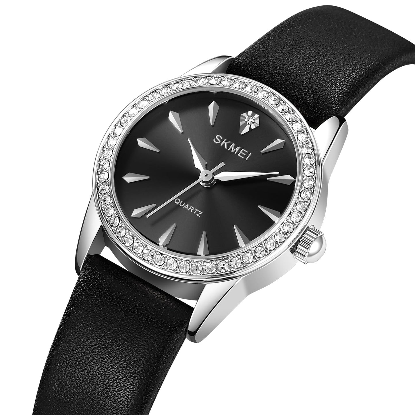 Elegant Crystal Dial Analog Wrist Watch with Leather Strap for women