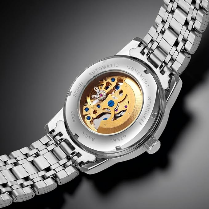 Luxury Skeleton Automatic Watch for Men Black Stainless Steel Strap, Blue Dial with Roman Numerals, Transparent Mechanical Design