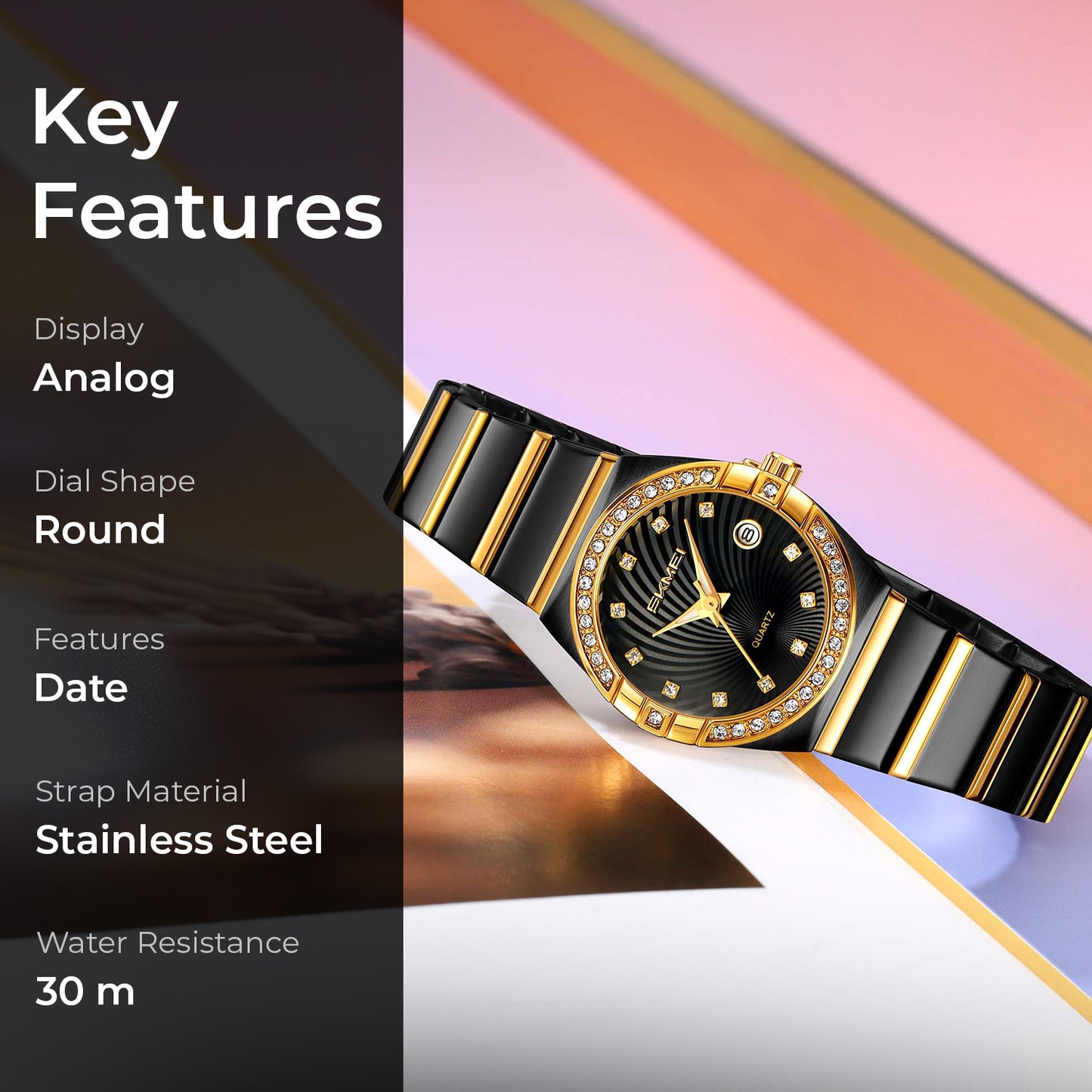 Skmei Analog Black Dial Zinc Alloy Case Stainless Steel Strap Watch for Women - 2342