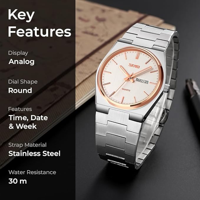 Men's Analog Quartz Stainless Steel Watch All-in-one Fashion, Water Resistant, Supply Calendar Week