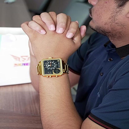 Dual Display Square Dial Wrist Watch with Metal Strap For Men