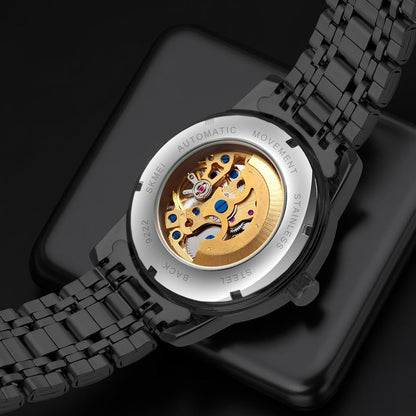 Luxury Skeleton Automatic Watch for Men Black Stainless Steel Strap, Blue Dial with Roman Numerals, Transparent Mechanical Design