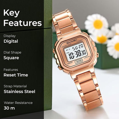 Digital Display Metal Strap Wrist Watch for women
