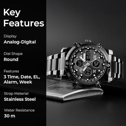 Luxury Analog Digital Stainless Steel Watch for Men with Dual Time Display and Premium Business Style