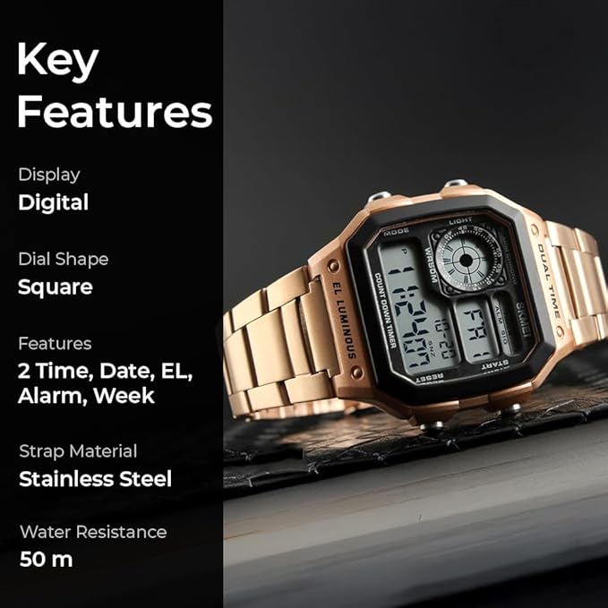 Premium Digital Watch for Men with Square Dial Dual Time Alarm Stopwatch and Metal Strap