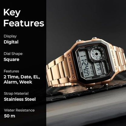 Premium Digital Watch for Men with Square Dial Dual Time Alarm Stopwatch and Metal Strap