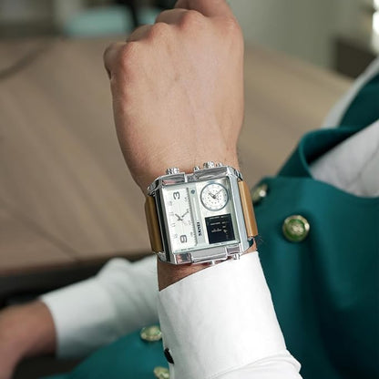 Multi Display Analog Digital Wrist Watch with Leather Strap For Men