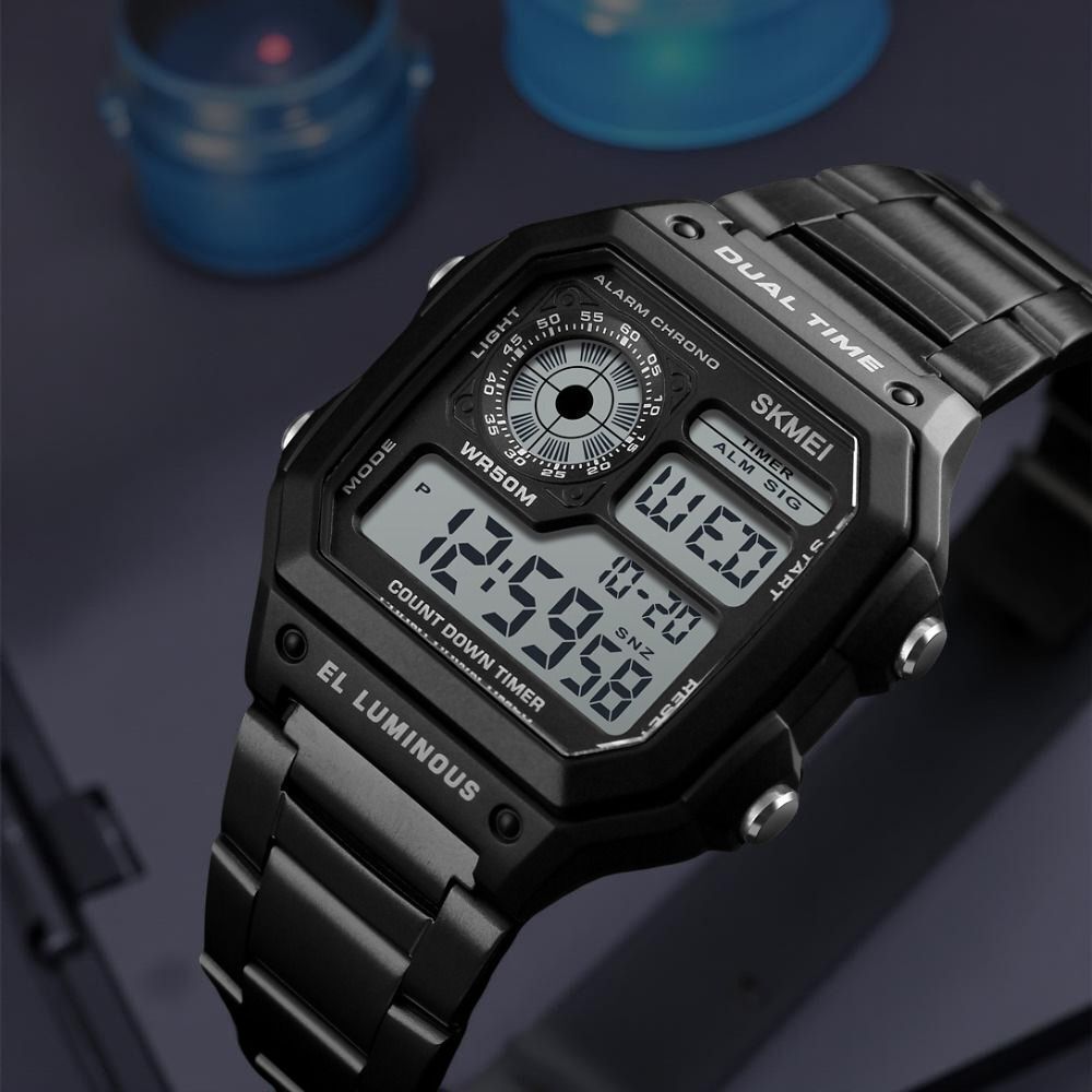 Premium Digital Watch for Men with Square Dial Dual Time Alarm Stopwatch and Metal Strap