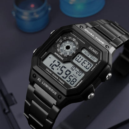 Premium Digital Watch for Men with Square Dial Dual Time Alarm Stopwatch and Metal Strap