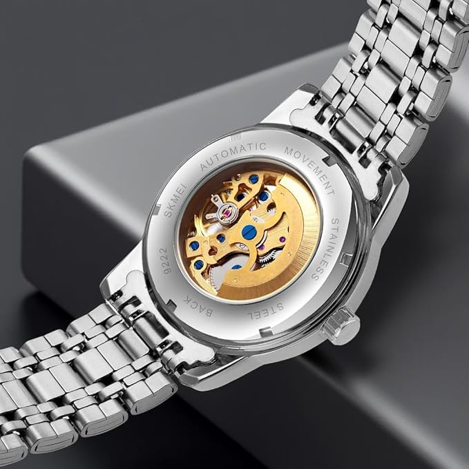 Luxury Skeleton Automatic Watch for Men Black Stainless Steel Strap, Blue Dial with Roman Numerals, Transparent Mechanical Design