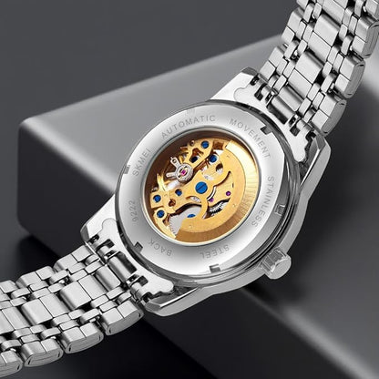 Luxury Skeleton Automatic Watch for Men Black Stainless Steel Strap, Blue Dial with Roman Numerals, Transparent Mechanical Design