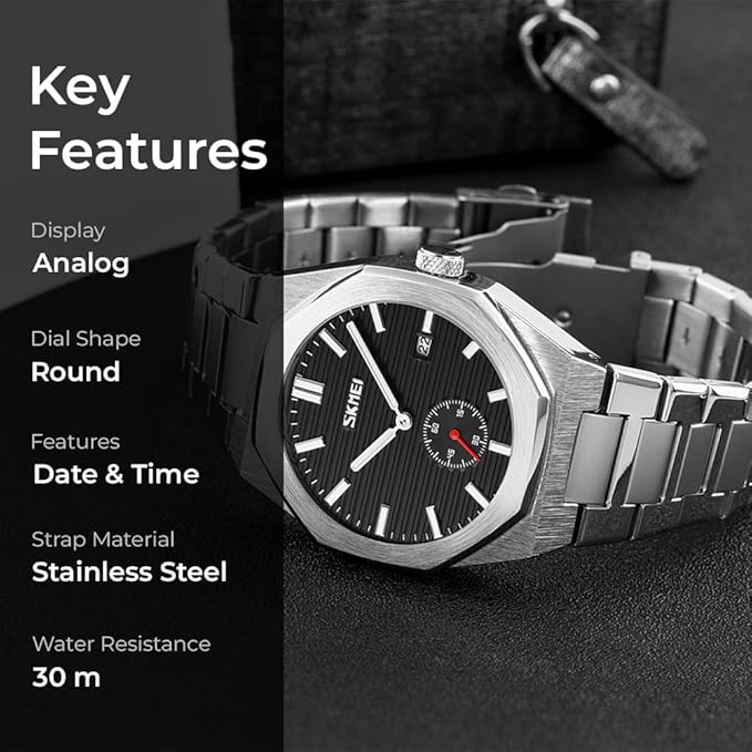 Premium Black Watch for Men – Stainless Steel Strap, Analog Dial with Date Function