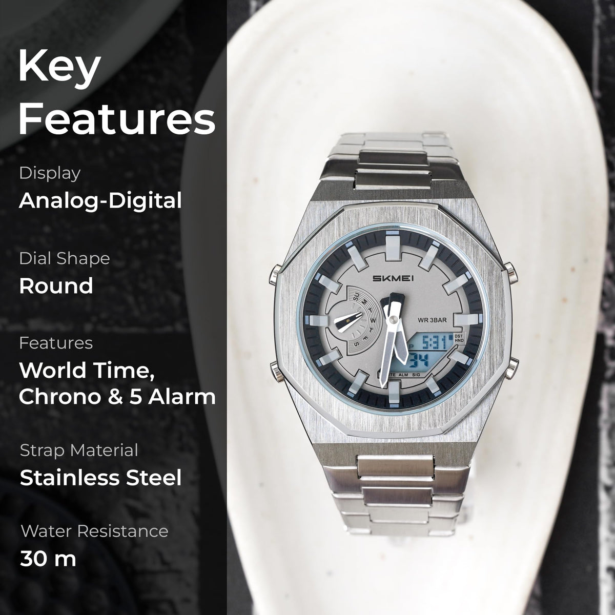 Analog-Digital Watch for Men with Silver Metal Strap and Round Dial for Casual & Formal Wear