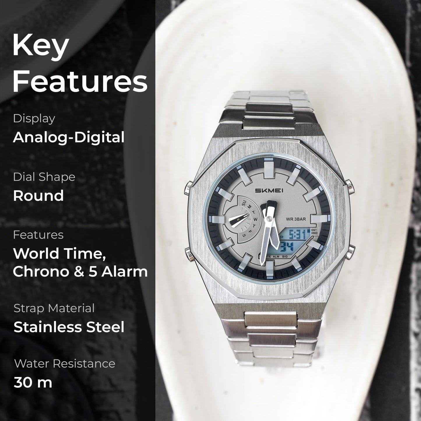 Analog-Digital Watch for Men with Silver Metal Strap and Round Dial for Casual & Formal Wear